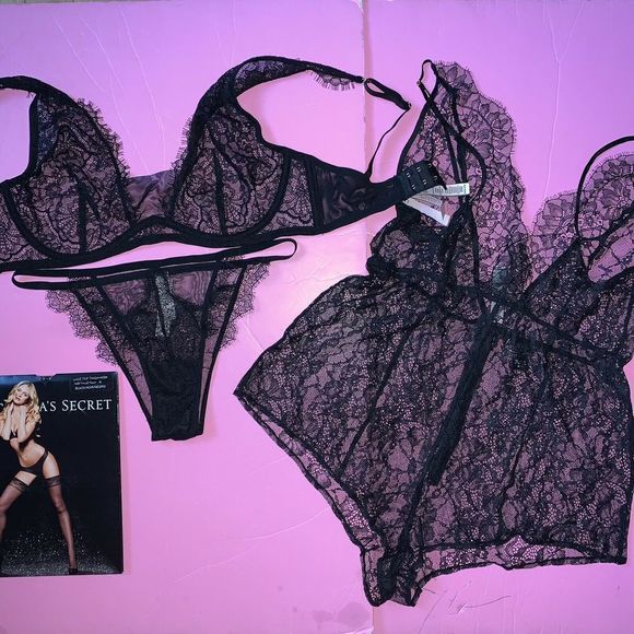 Victoria's Secret unlined 34DD BRA SET+garter+M panty+TEDDY romper Black lace